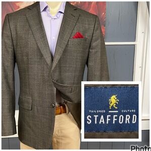 Stafford Year Round Blazer Sport Coat Mens 44R Wool Polyester Blend Brown/Black